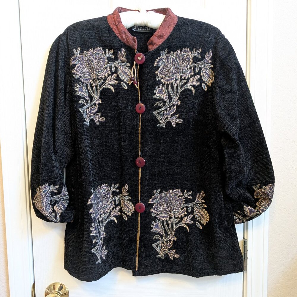 Women's Vintage Black Chenille ART to WEAR Floral Jacket Coat Boho Cardigan